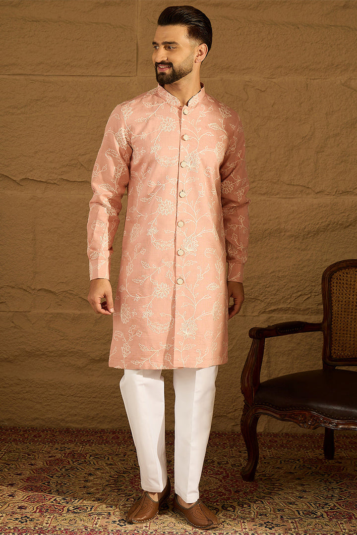 Peach Viscose Rayon Solid Embroidered Straight Kurta | SHOBITAM