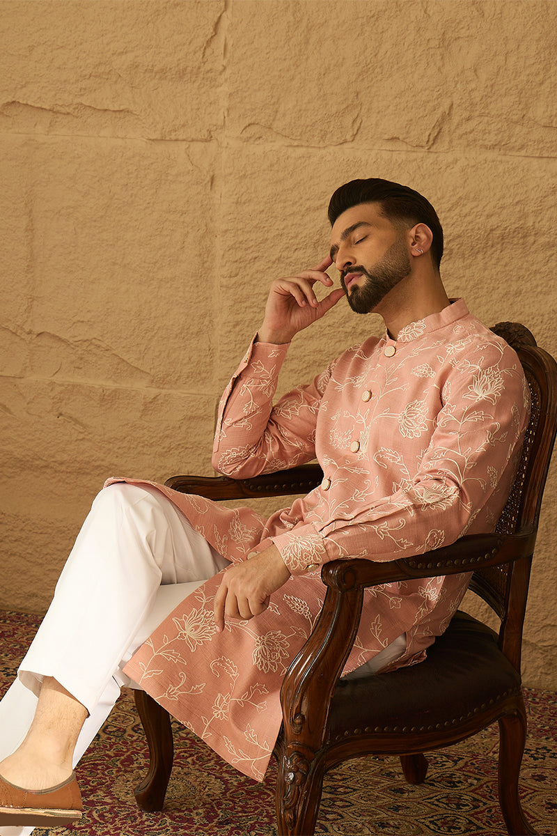 Peach Viscose Rayon Solid Embroidered Straight Kurta with Trouser | SHOBITAM