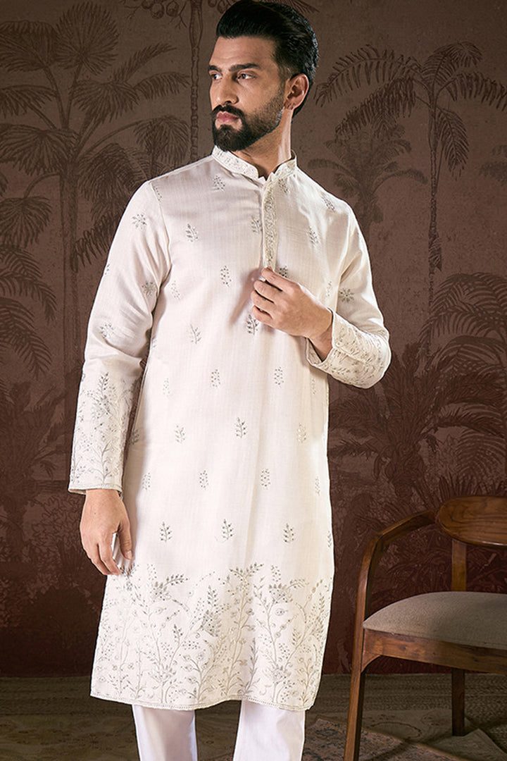 White Silk Blend Floral Embroidered Straight Kurta | SHOBITAM