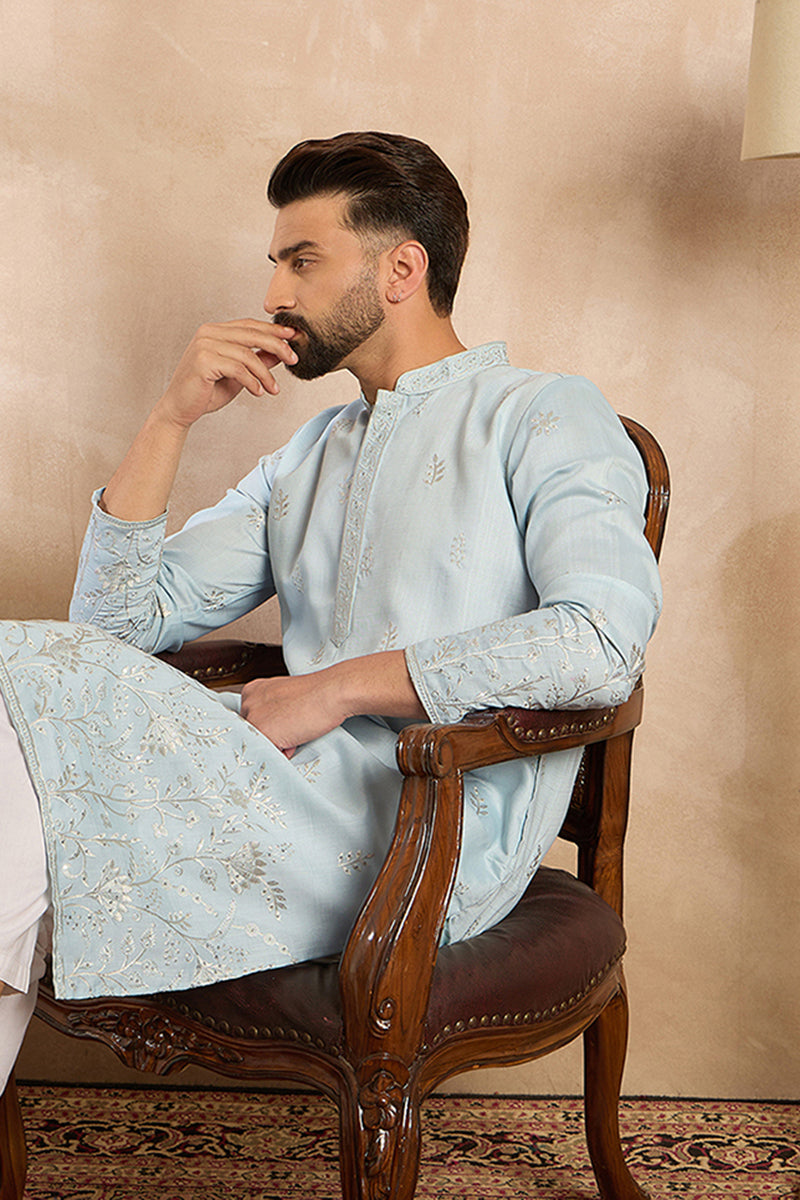 Blue Silk Blend Solid Embroidered Straight Kurta | SHOBITAM