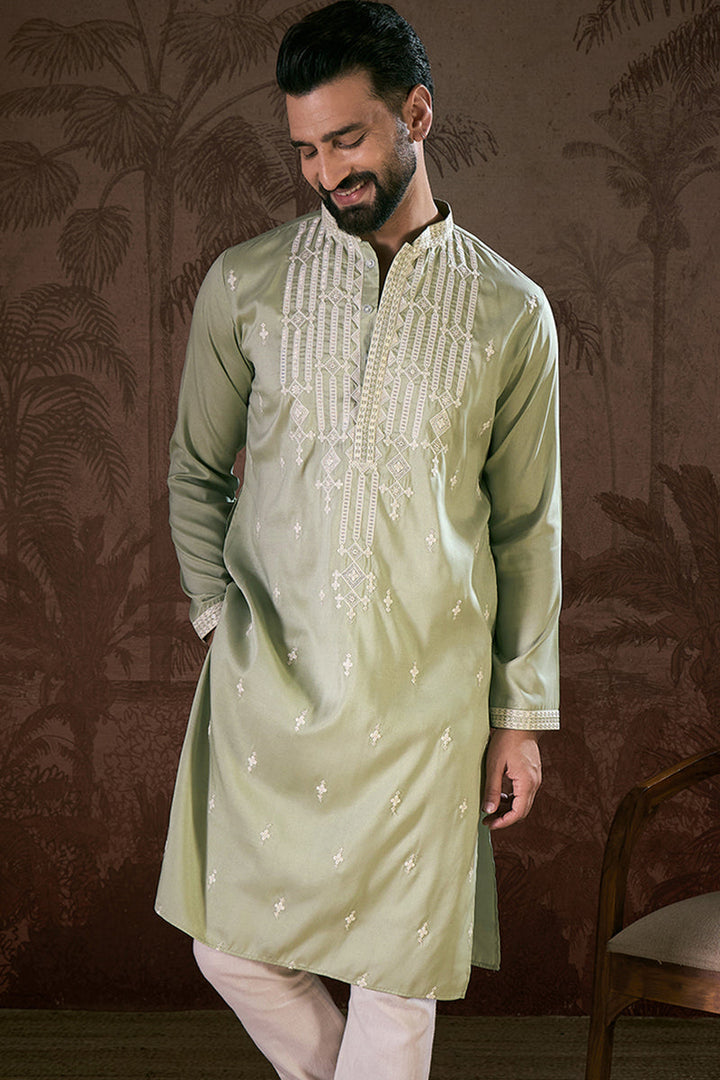 Green Silk Blend Solid Embroidered Straight Kurta | SHOBITAM