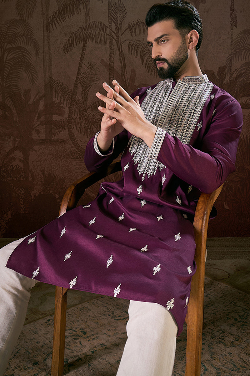 Purple Silk Blend Solid Embroidered Straight Kurta With Trouser | SHOBITAM