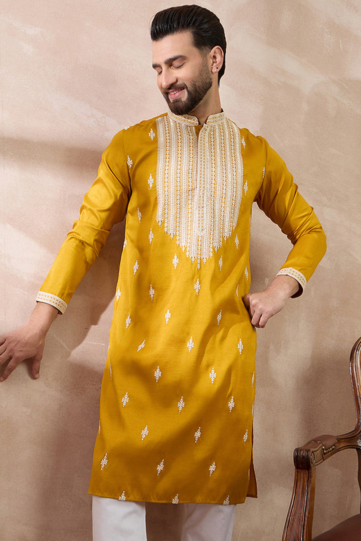 Yellow Silk Blend Embroidered Mandarin Collar Straight Kurta | SHOBITAM