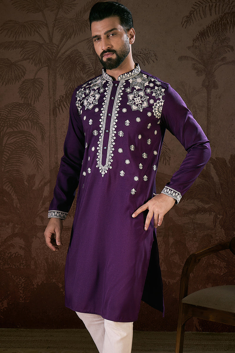 Purple Silk Blend Solid Embroidered Straight Kurta | SHOBITAM