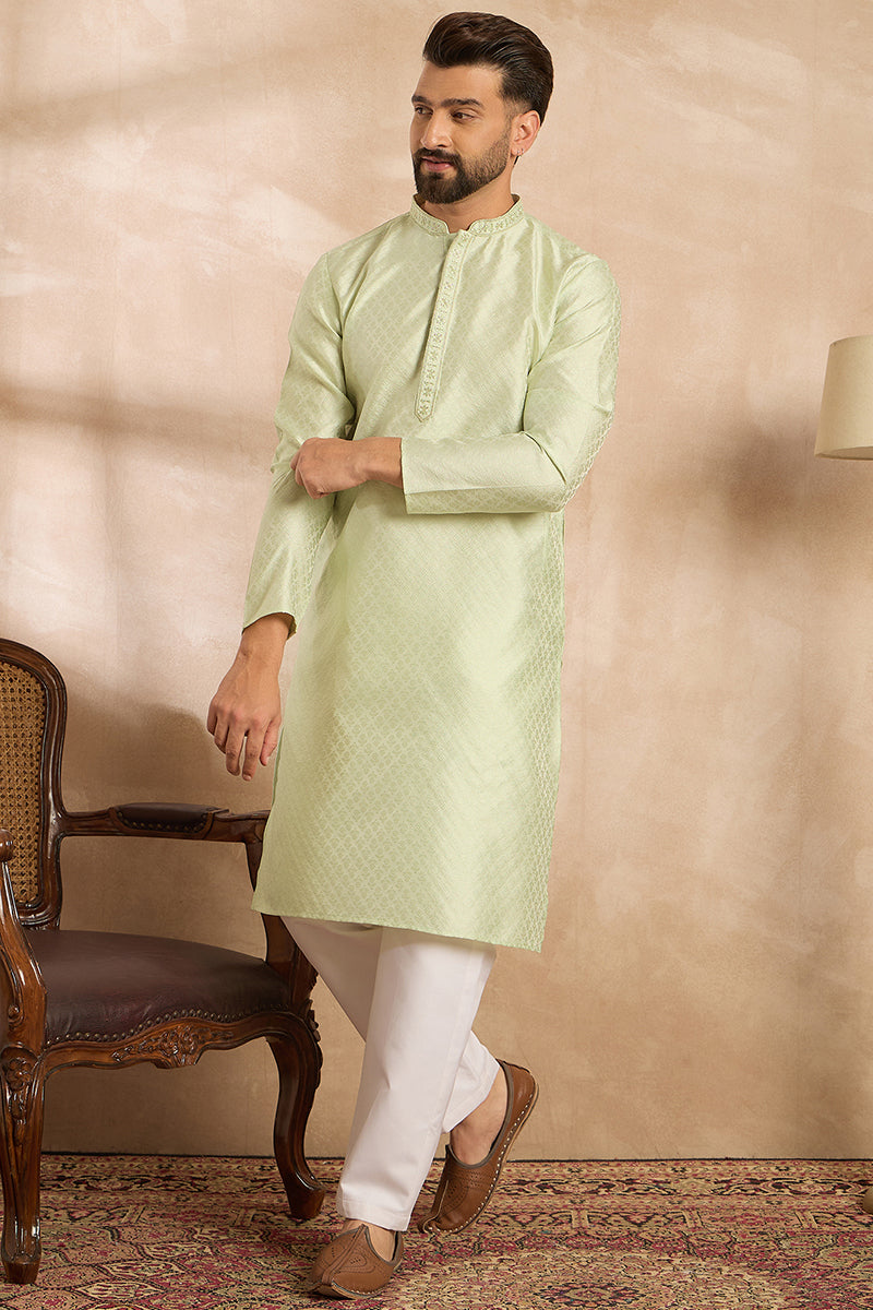 Teal Polyester Solid Embroidered Straight Kurta With Trouser For Men | SHOBITAM
