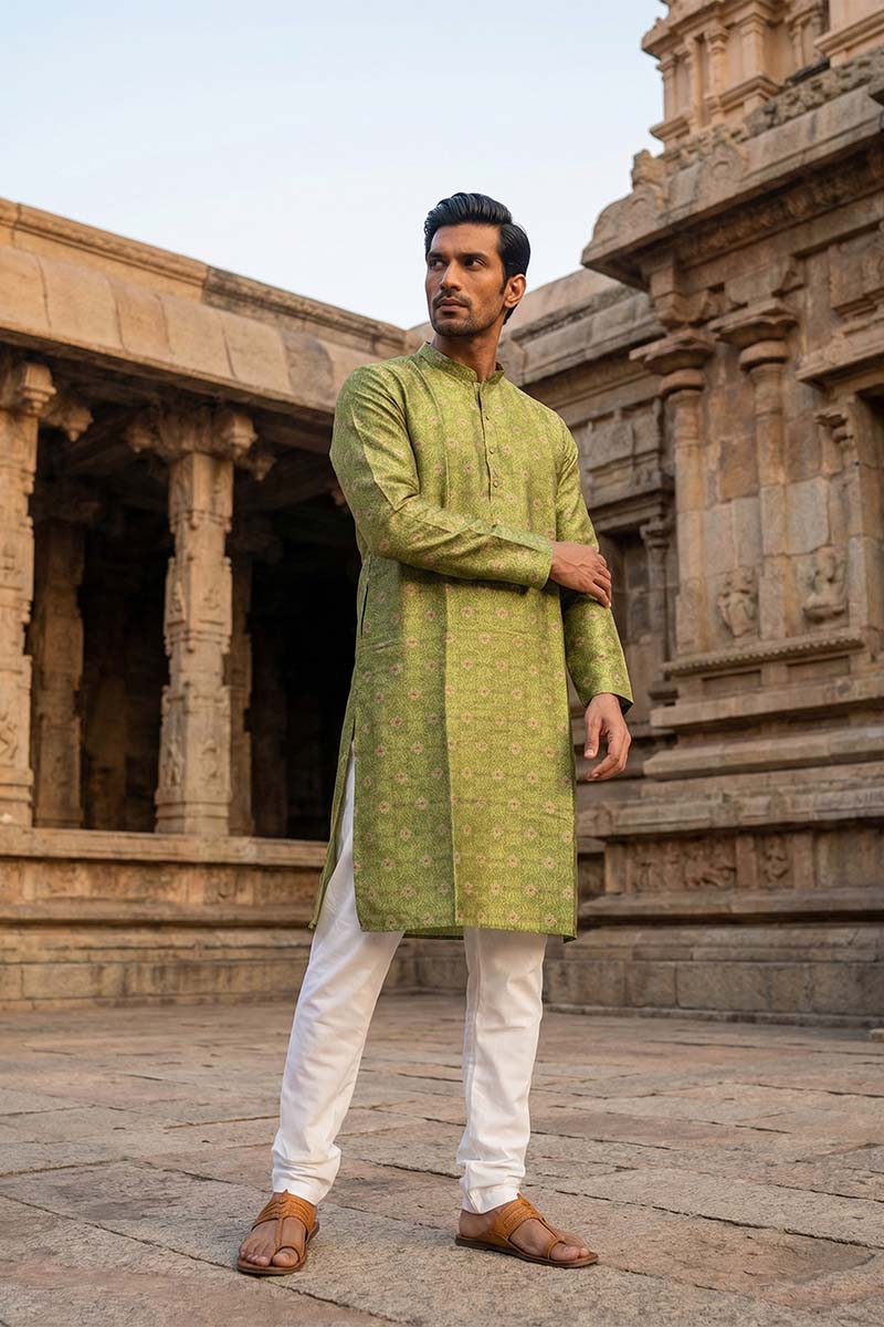 Green Silk Blend Printed Straight Kurta With Trousers | SHOBITAM