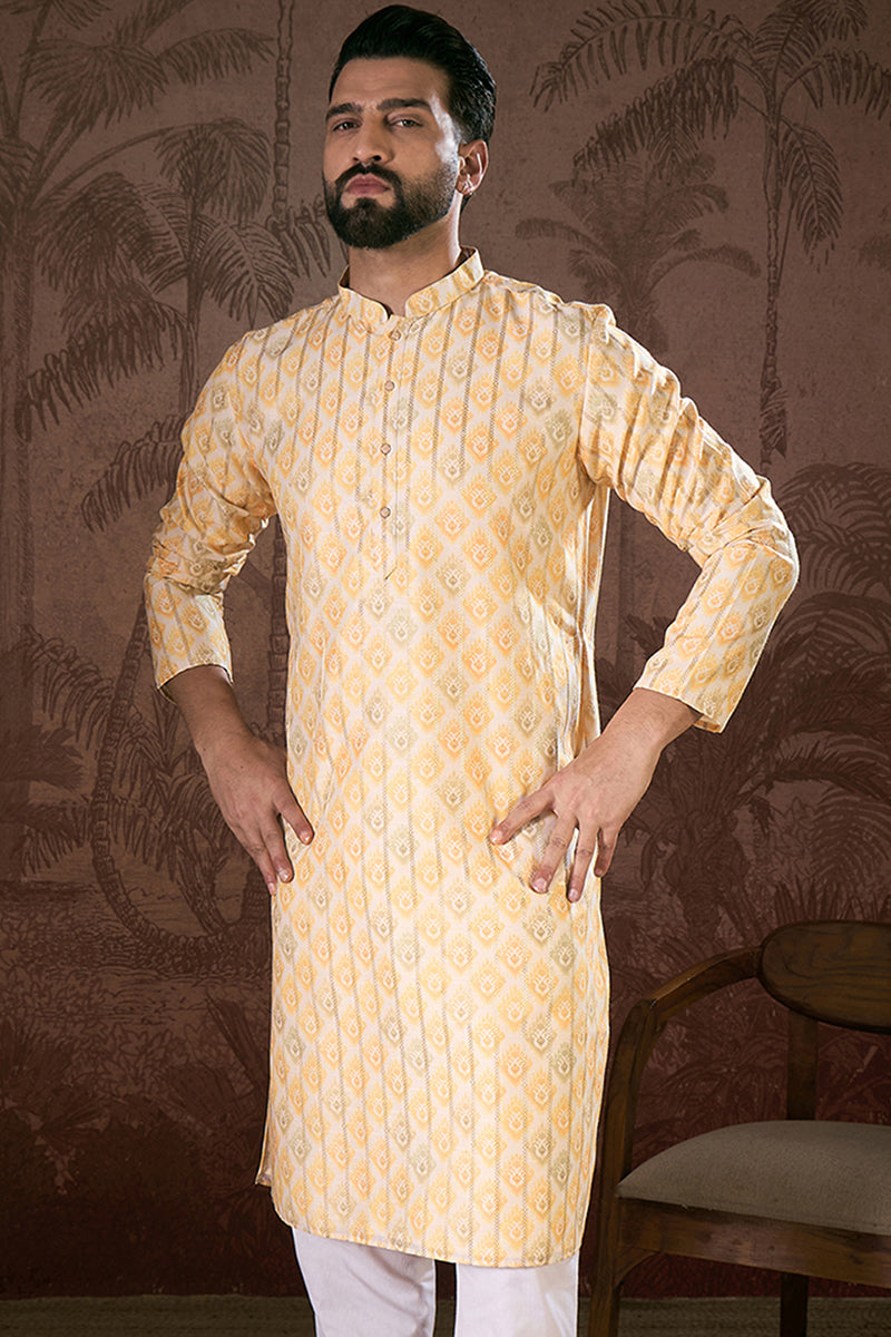 White Silk Blend Ethnic Motifs Printed Straight Kurta For Men | SHOBITAM