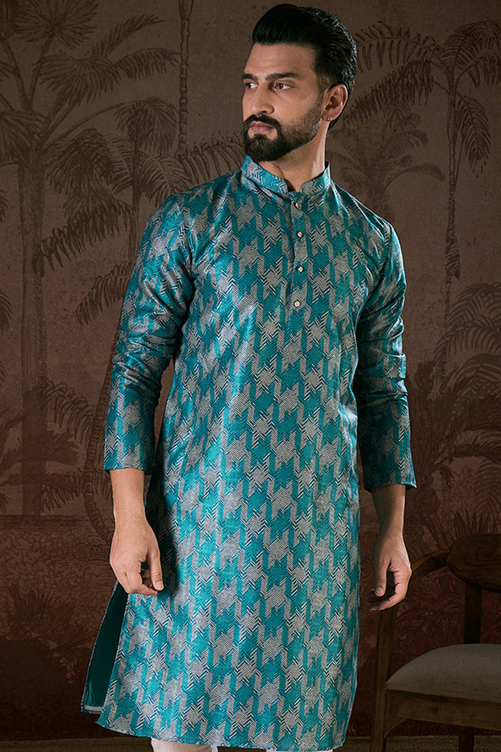 Turquoise Blue Silk Blend Chevron Printed Straight Kurta For Men | SHOBITAM