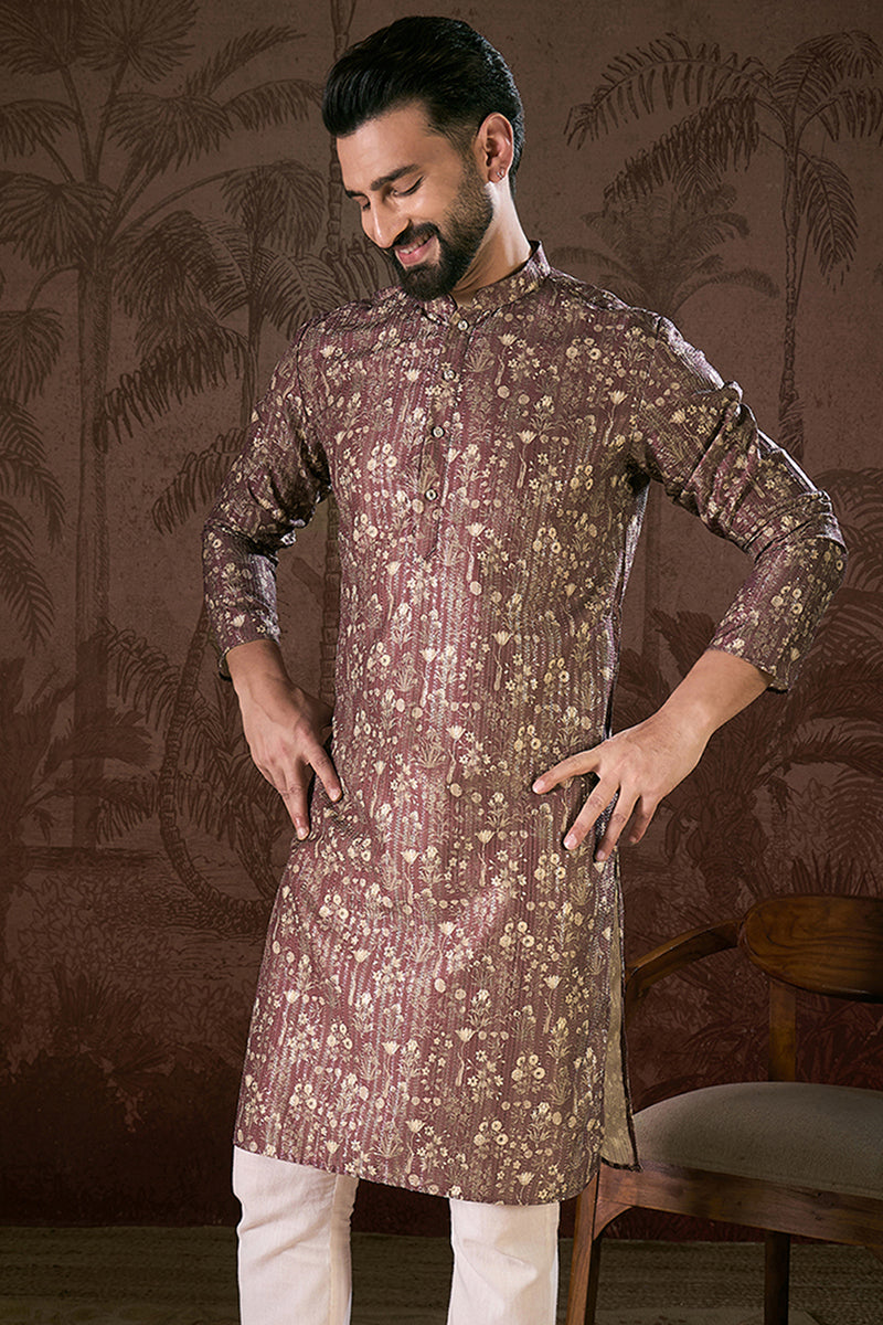 Mauve Silk Blend Floral Printed Straight Kurta For Men | SHOBITAM