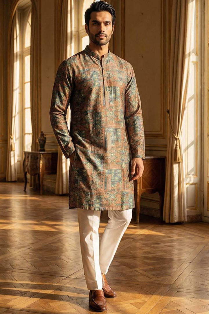 Blue Silk Blend Printed Straight Kurta | SHOBITAM