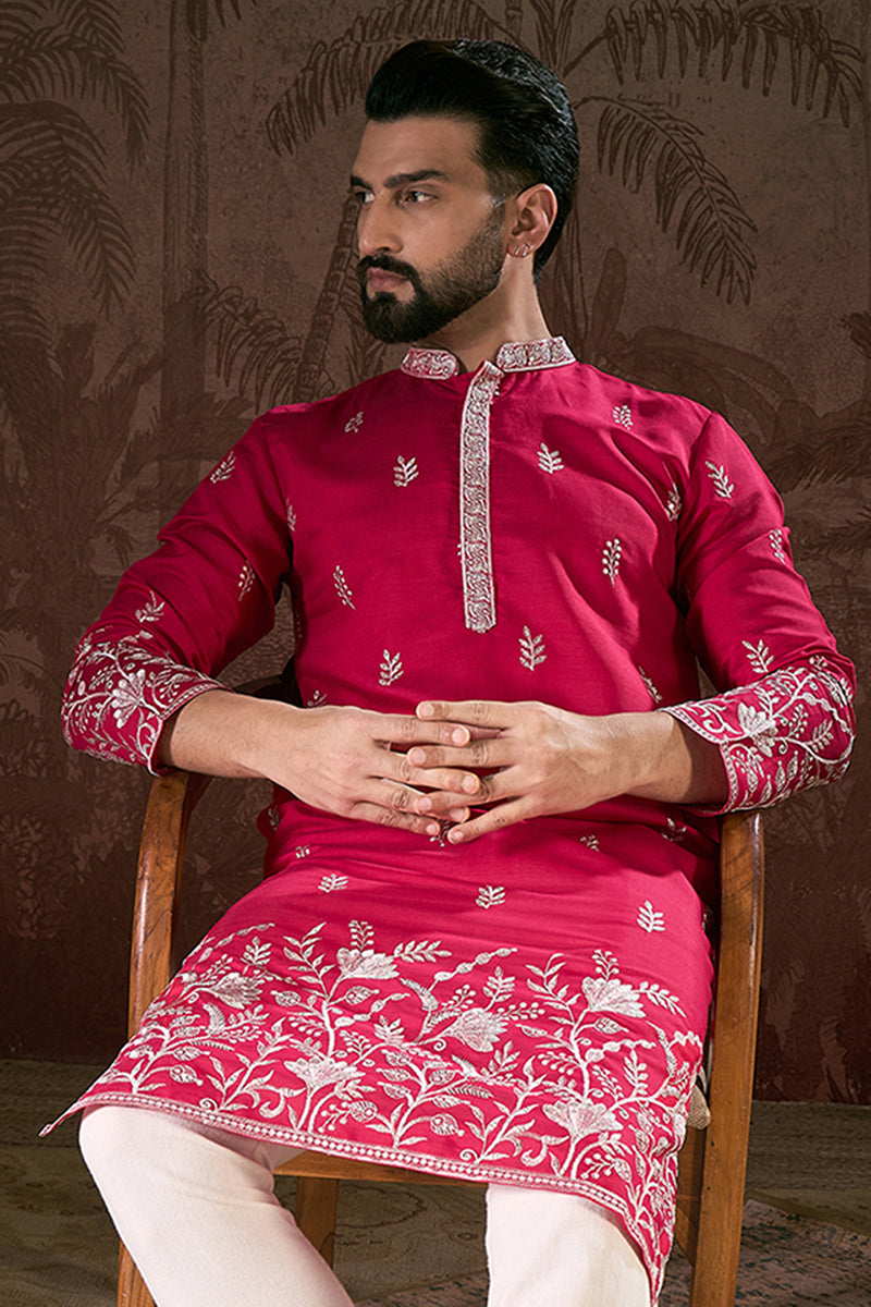 Pink Silk Blend Solid Embroidered Straight Kurta For Men | SHOBITAM