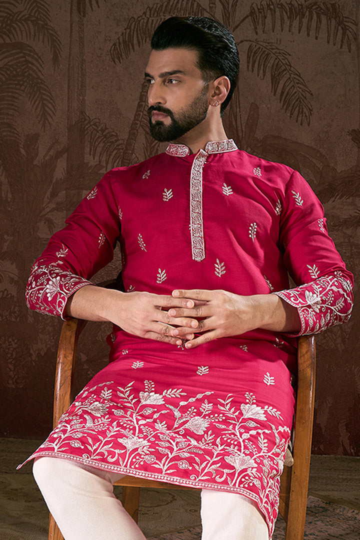 Pink Silk Blend Solid Embroidered Straight Kurta For Men | SHOBITAM