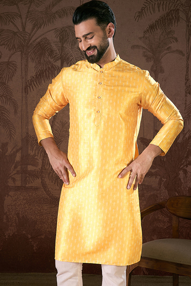 Yellow Silk Blend Ethnic Motifs Printed Straight Kurta For Men | SHOBITAM