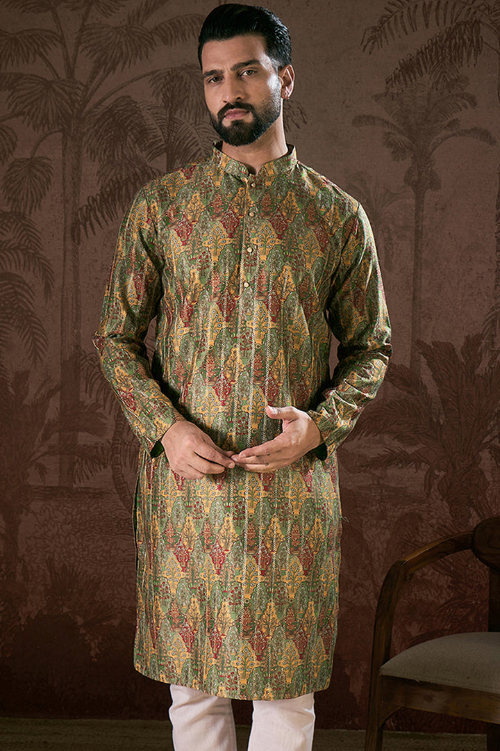 Green Silk Blend Floral Printed Straight Kurta For Men | SHOBITAM