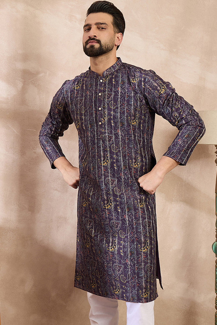 Violet Silk Blend Ethnic Motifs Printed Straight Kurta For Men | SHOBITAM
