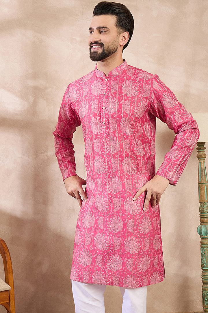 Pink Silk Blend Floral Printed Straight Kurta For Men | SHOBITAM