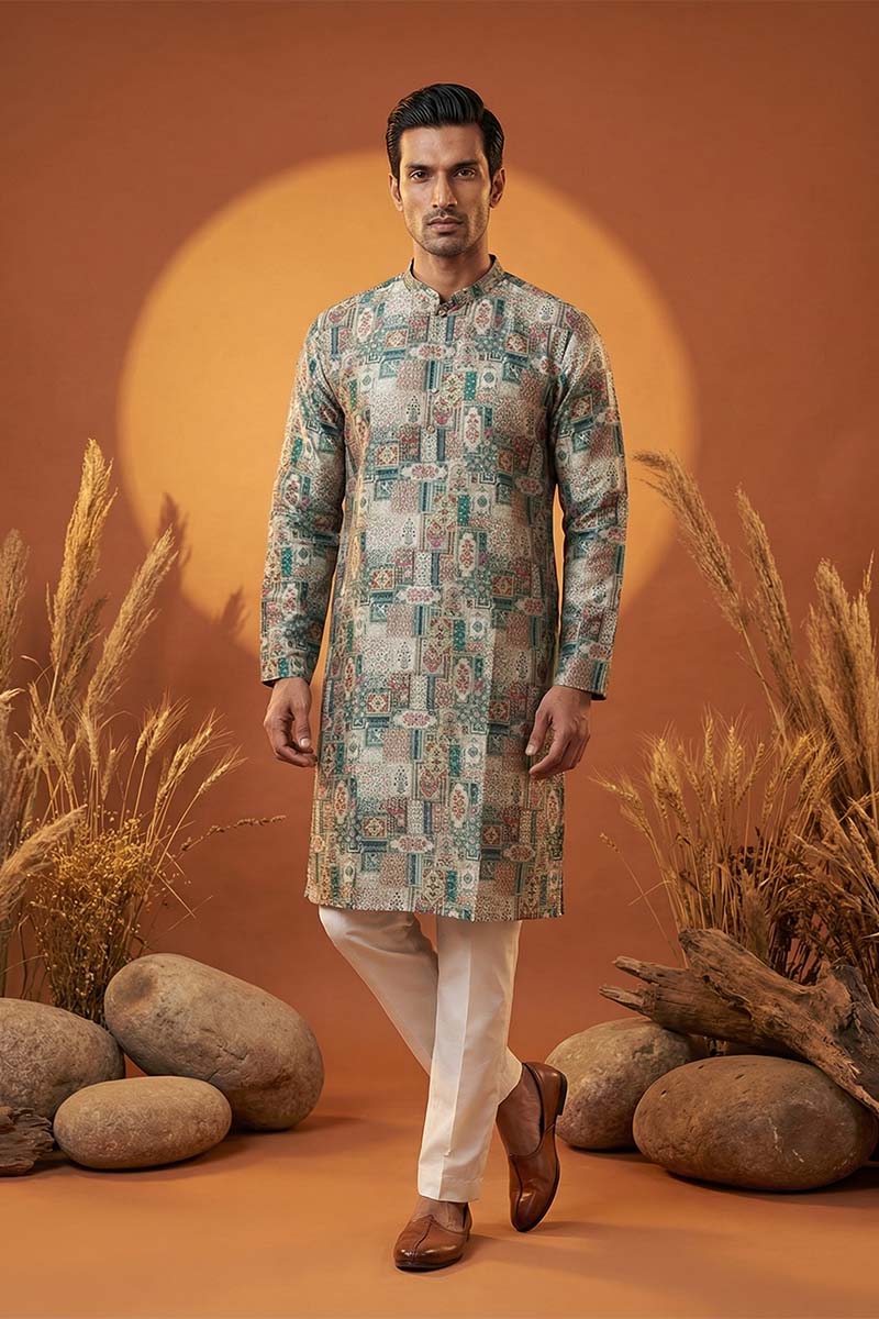 Multi Silk Blend Printed Straight Kurta With Trousers | SHOBITAM