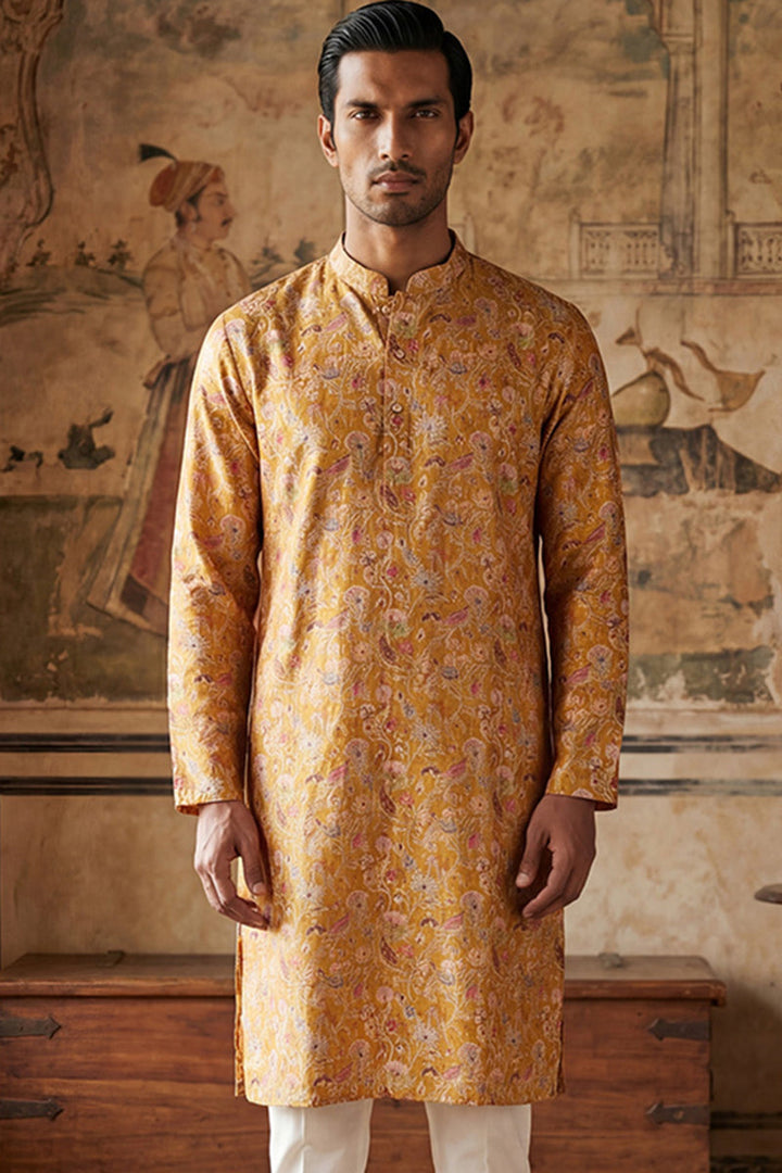 Mustard Silk Blend Printed Straight Kurta | SHOBITAM
