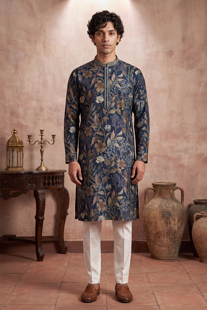 Mens Blue Modal Floral Printed Calf Length Straight Regular Kurta | SHOBITAM