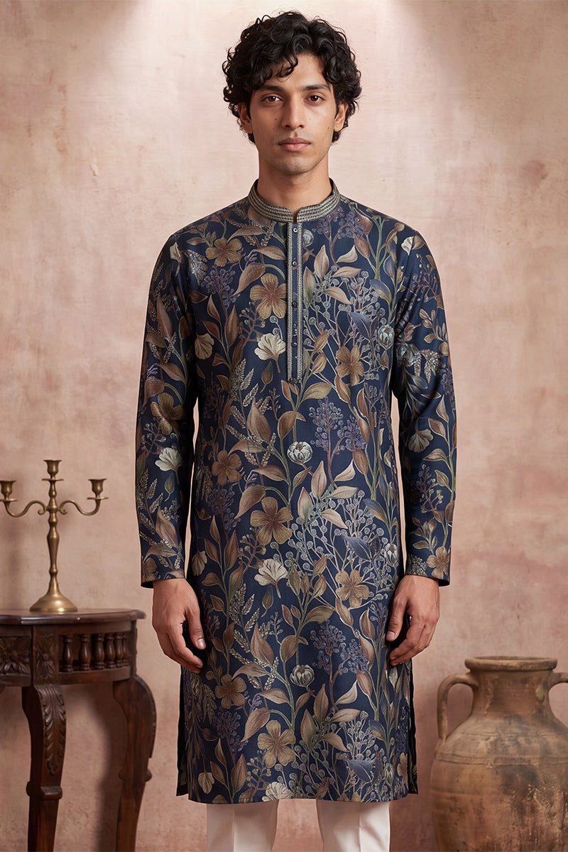 Mens Blue Modal Floral Printed Calf Length Straight Regular Kurta | SHOBITAM