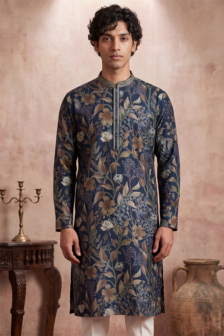 Mens Blue Modal Floral Printed Calf Length Straight Regular Kurta | SHOBITAM