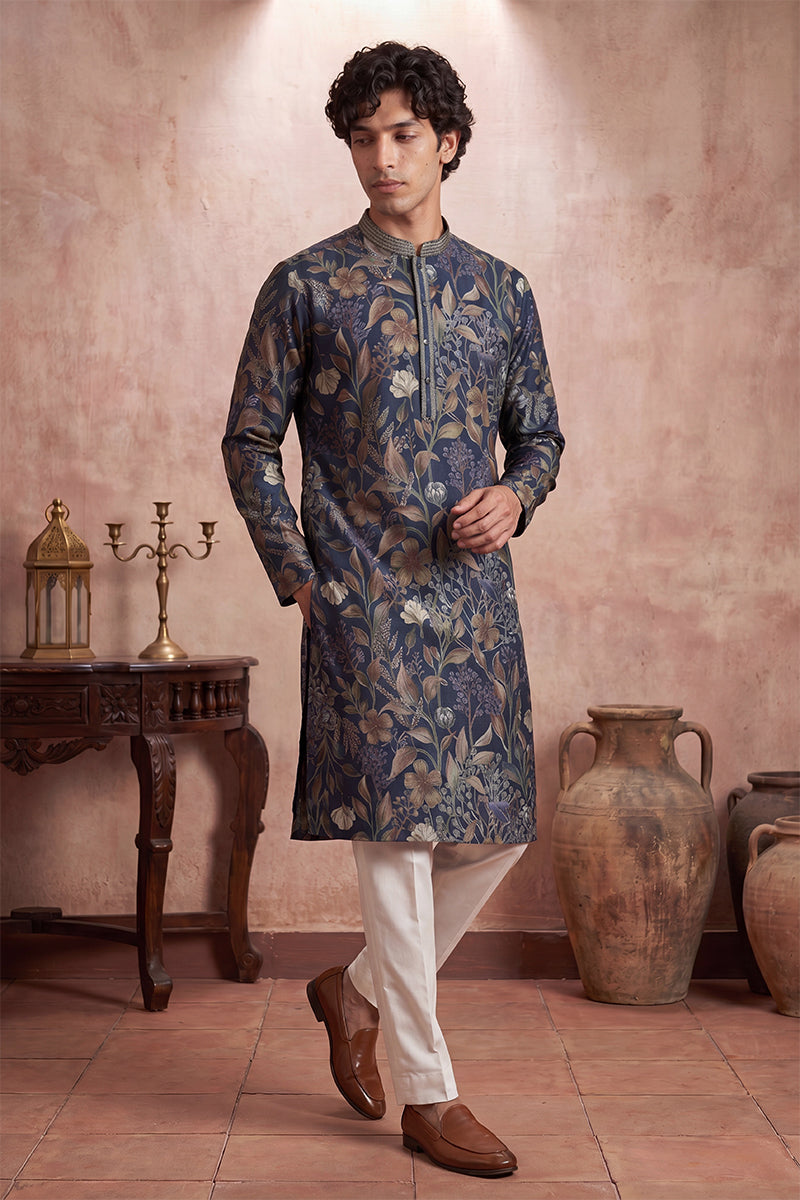 Mens Blue Modal Floral Printed Calf Length Straight Regular Kurta | SHOBITAM
