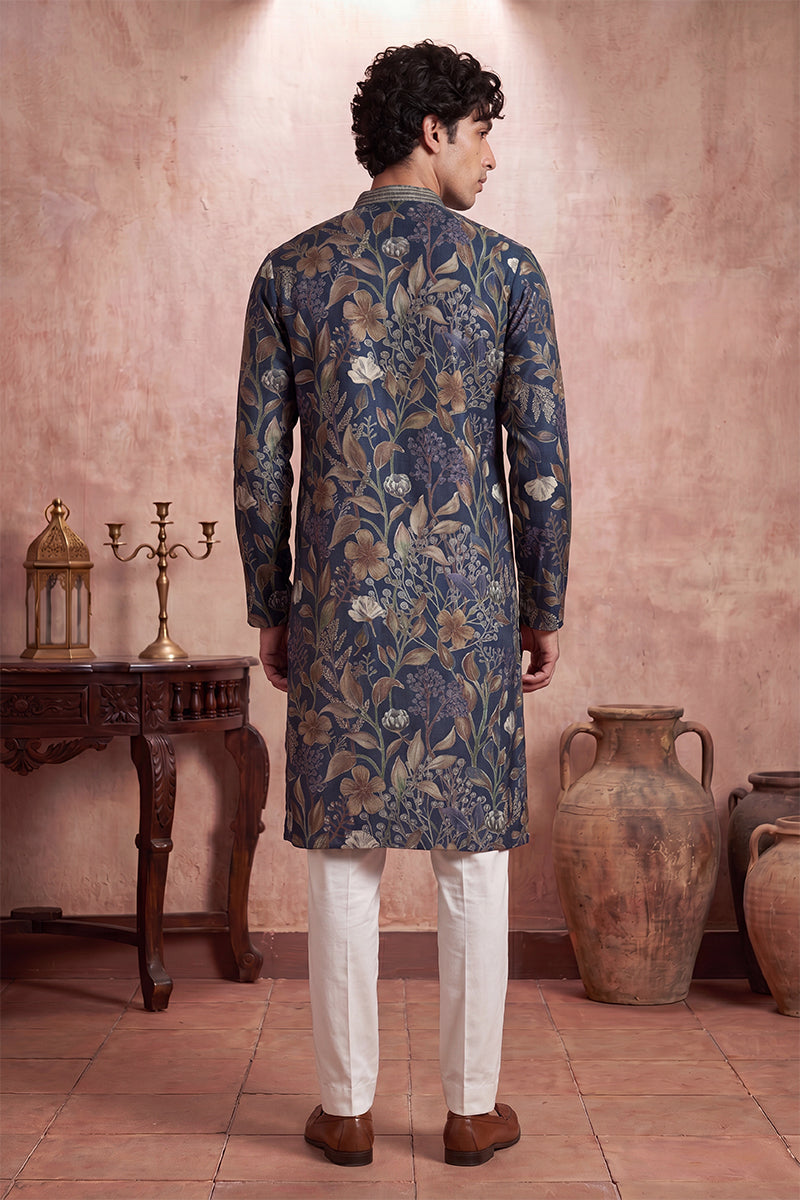 Mens Blue Modal Floral Printed Calf Length Straight Regular Kurta | SHOBITAM