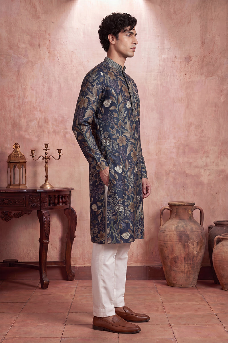 Mens Blue Modal Floral Printed Calf Length Straight Regular Kurta | SHOBITAM