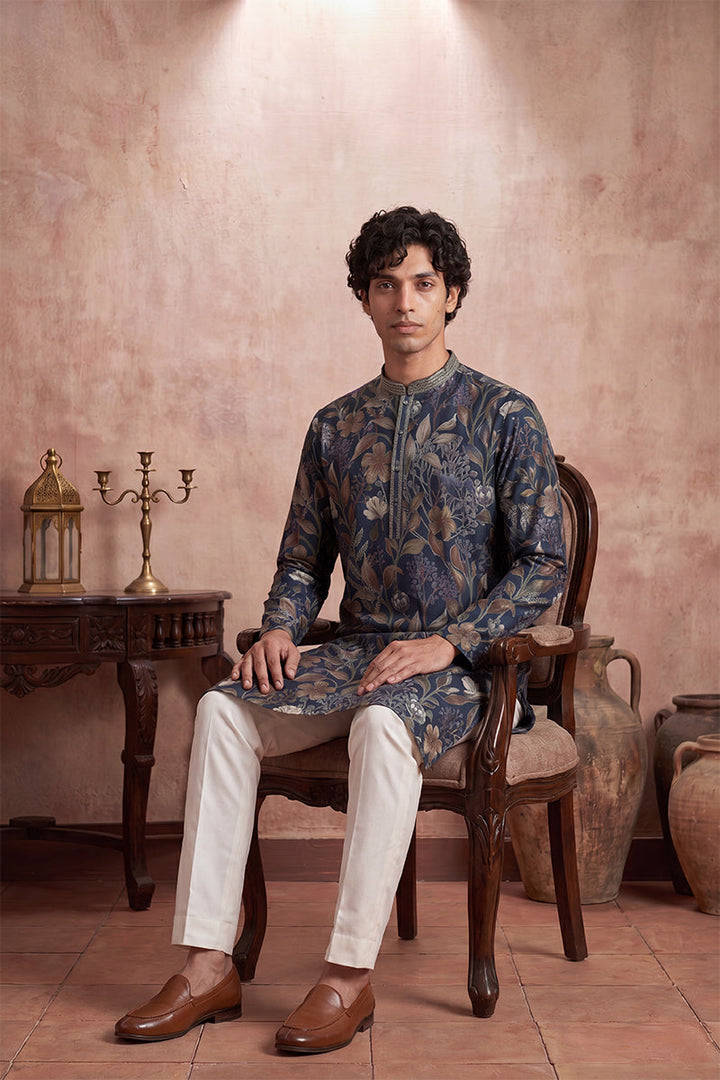 Mens Blue Modal Floral Printed Calf Length Straight Regular Kurta | SHOBITAM