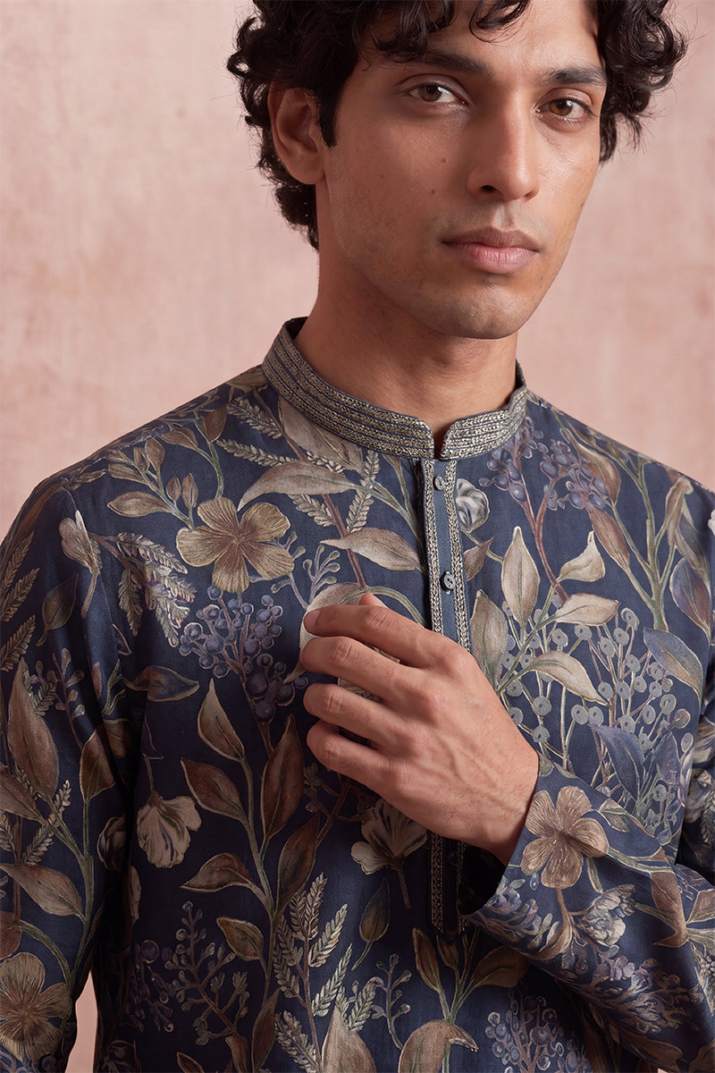 Mens Blue Modal Floral Printed Calf Length Straight Regular Kurta | SHOBITAM