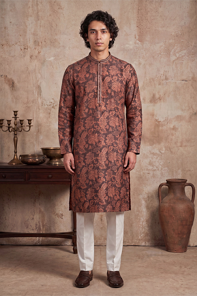 Mens Grey Modal Floral Printed Calf Length Straight Regular Kurta | SHOBITAM