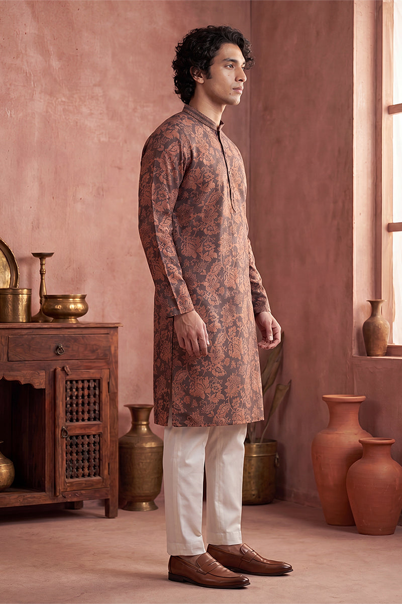 Mens Grey Modal Floral Printed Calf Length Straight Regular Kurta | SHOBITAM