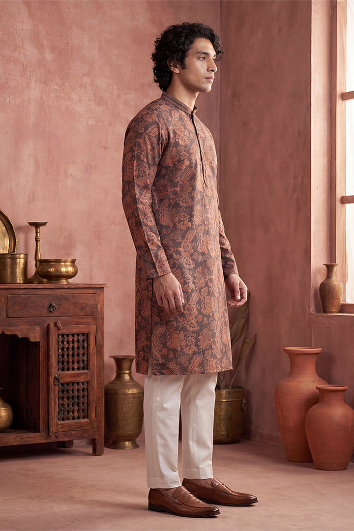 Mens Grey Modal Floral Printed Calf Length Straight Regular Kurta | SHOBITAM