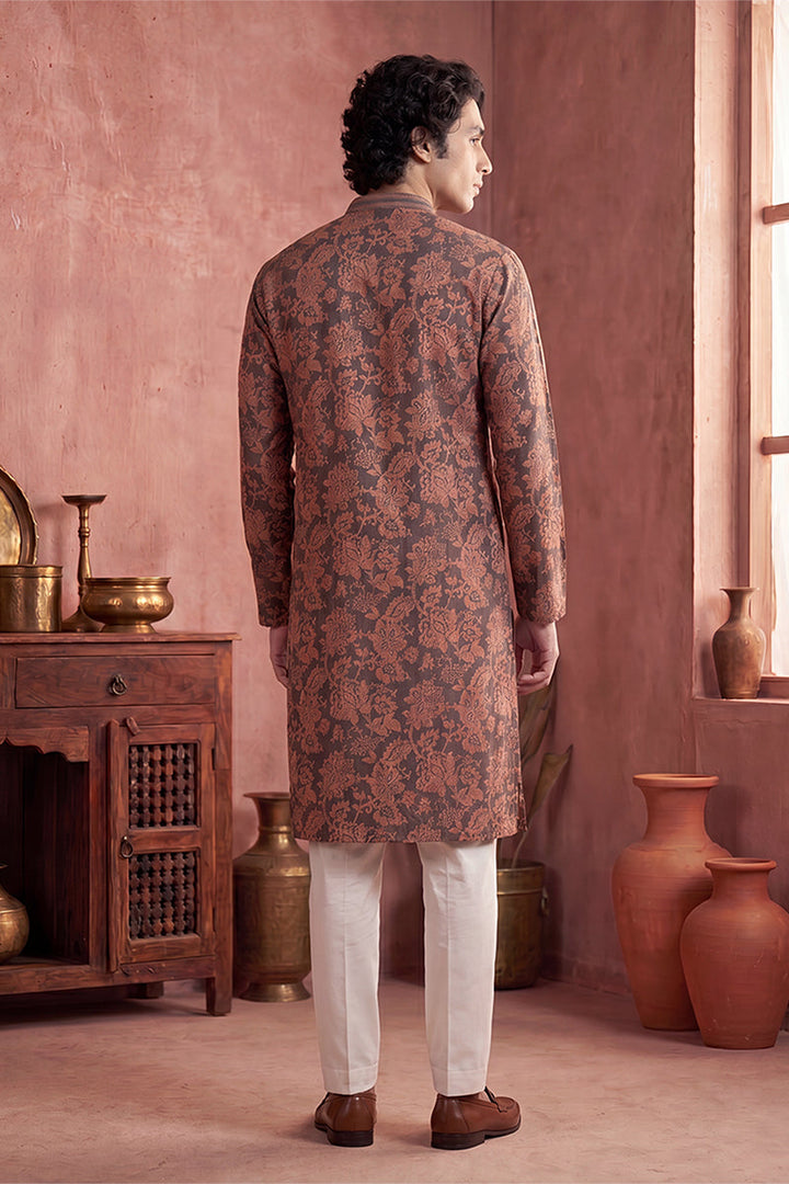 Mens Grey Modal Floral Printed Calf Length Straight Regular Kurta | SHOBITAM