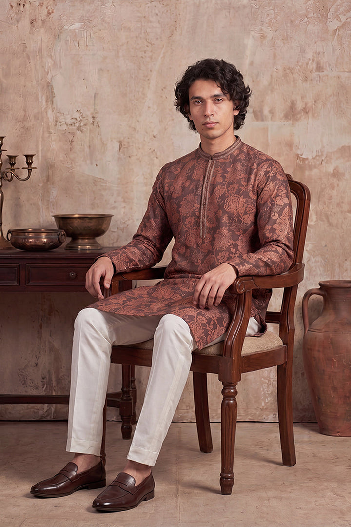 Mens Grey Modal Floral Printed Calf Length Straight Regular Kurta | SHOBITAM