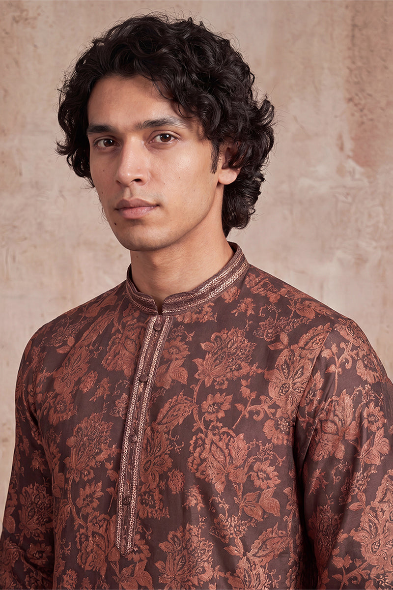 Mens Grey Modal Floral Printed Calf Length Straight Regular Kurta | SHOBITAM