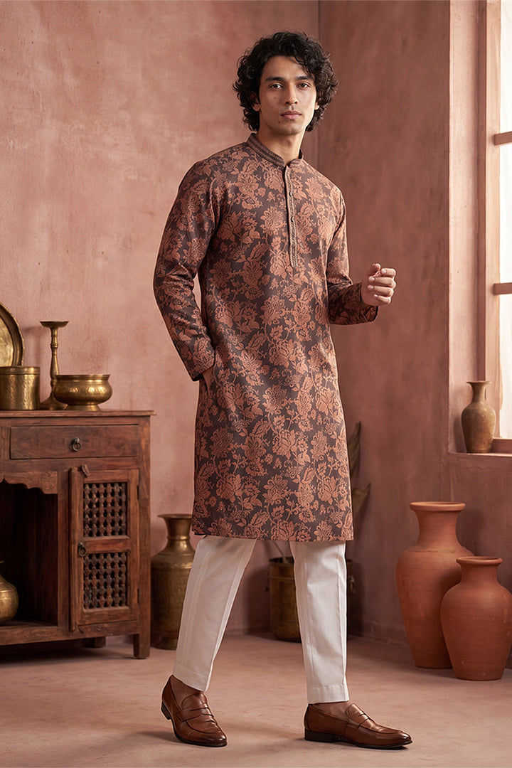 Mens Grey Modal Floral Printed Calf Length Straight Regular Kurta | SHOBITAM