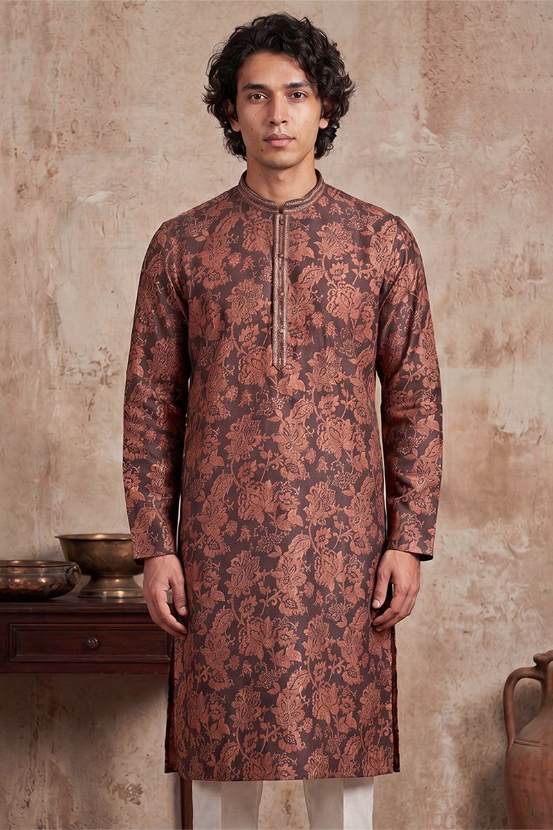 Mens Grey Modal Floral Printed Calf Length Straight Regular Kurta | SHOBITAM
