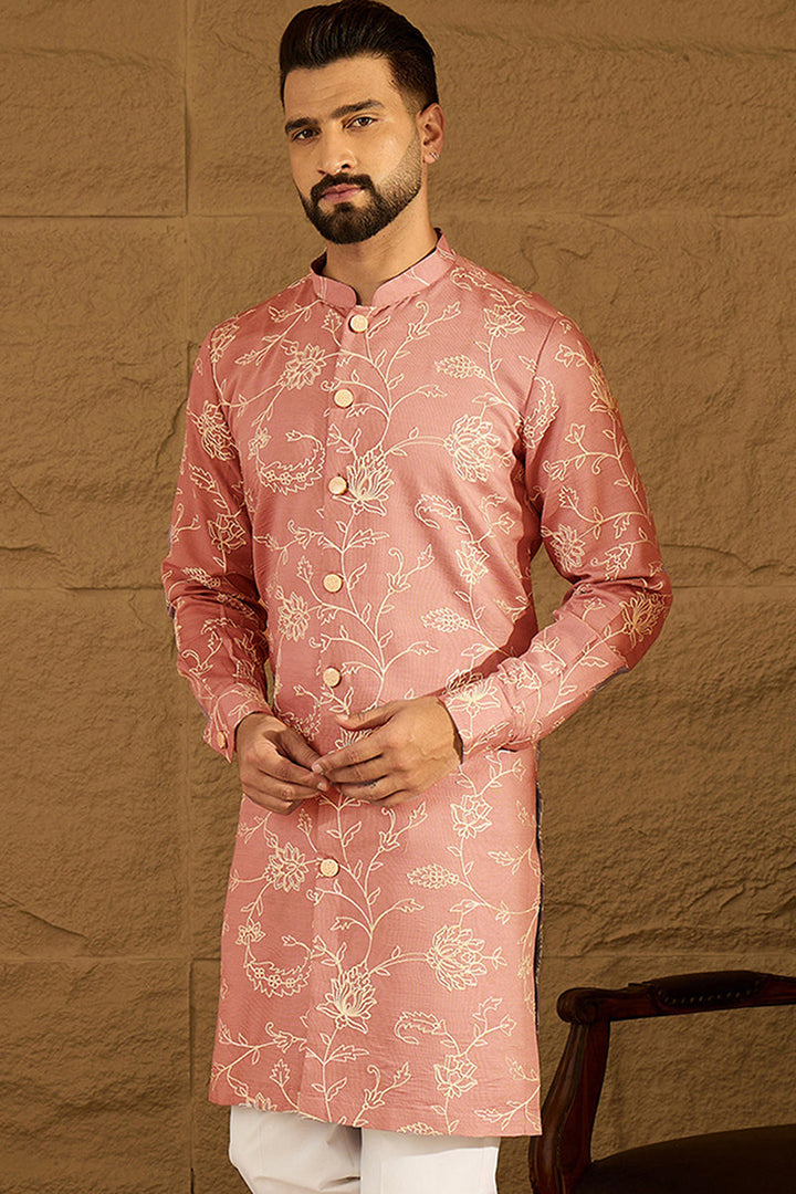 Peach Viscose Rayon Embroidered Mandarin Collar Straight Kurta For Men | SHOBITAM