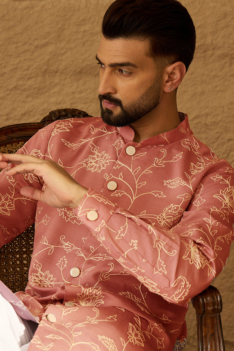 Peach Viscose Rayon Embroidered Mandarin Collar Straight Kurta With Trouser | SHOBITAM