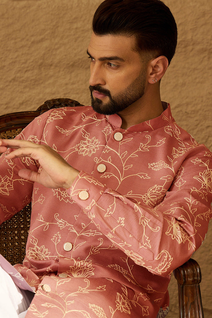 Peach Viscose Rayon Embroidered Mandarin Collar Straight Kurta With Trouser | SHOBITAM