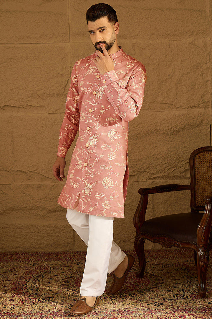 Peach Viscose Rayon Embroidered Mandarin Collar Straight Kurta For Men | SHOBITAM
