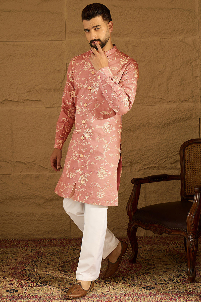 Peach Viscose Rayon Embroidered Mandarin Collar Straight Kurta With Trouser | SHOBITAM