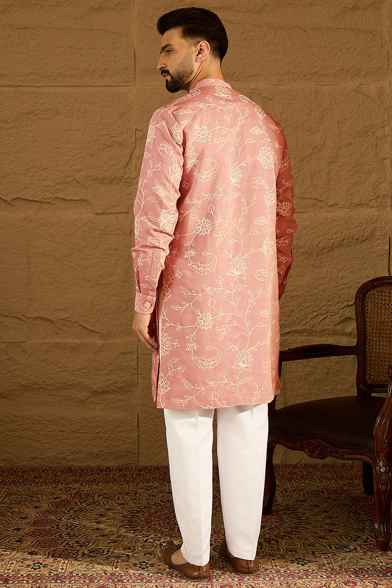 Peach Viscose Rayon Embroidered Mandarin Collar Straight Kurta With Trouser | SHOBITAM
