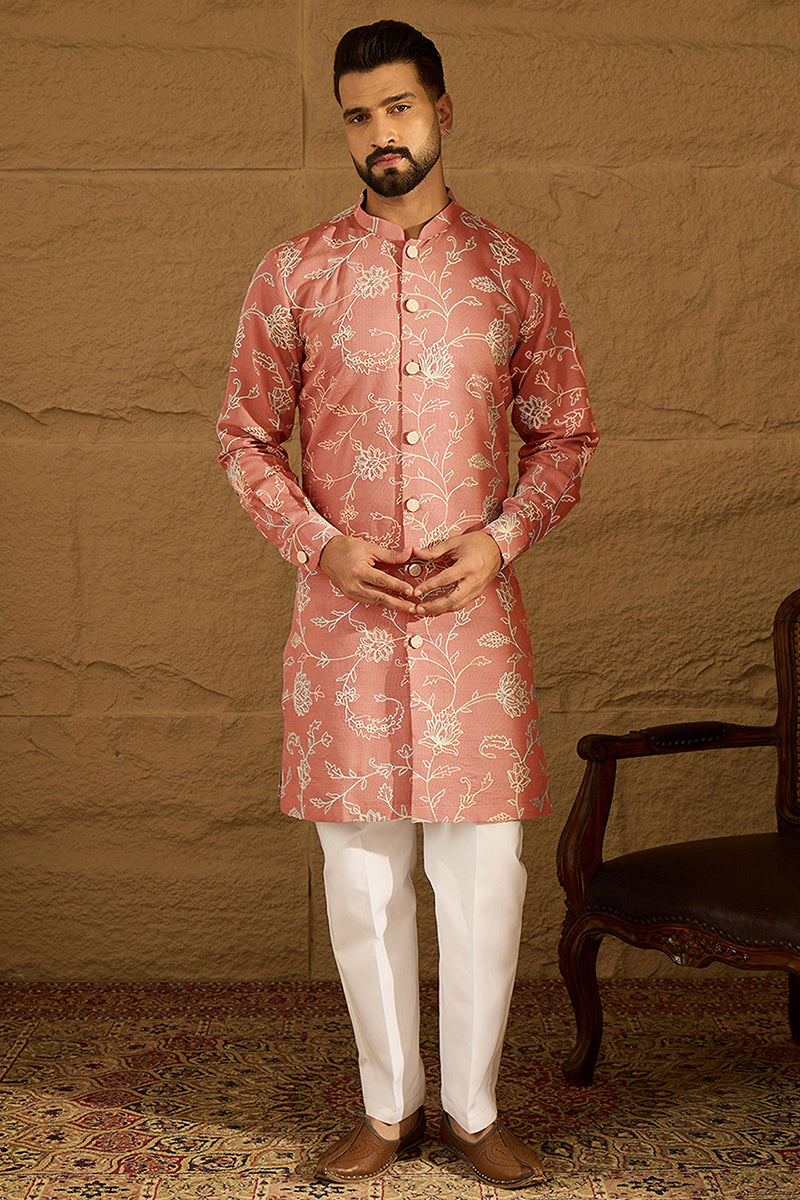Peach Viscose Rayon Embroidered Mandarin Collar Straight Kurta For Men | SHOBITAM