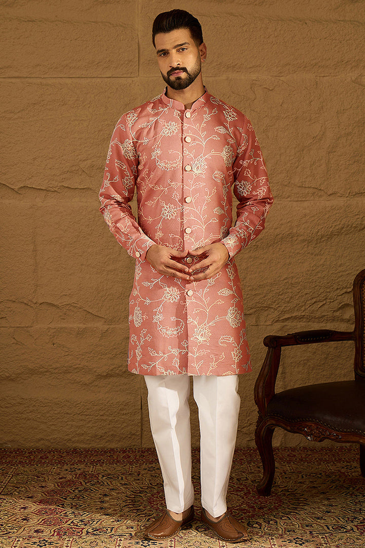 Peach Viscose Rayon Embroidered Mandarin Collar Straight Kurta For Men | SHOBITAM