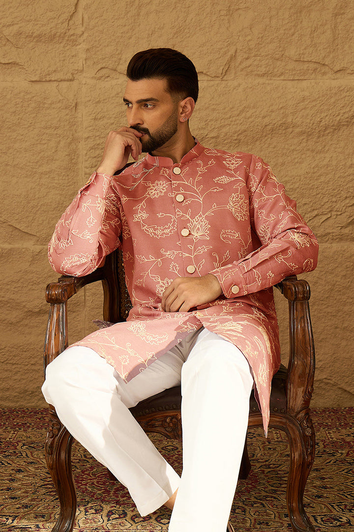 Peach Viscose Rayon Embroidered Mandarin Collar Straight Kurta For Men | SHOBITAM