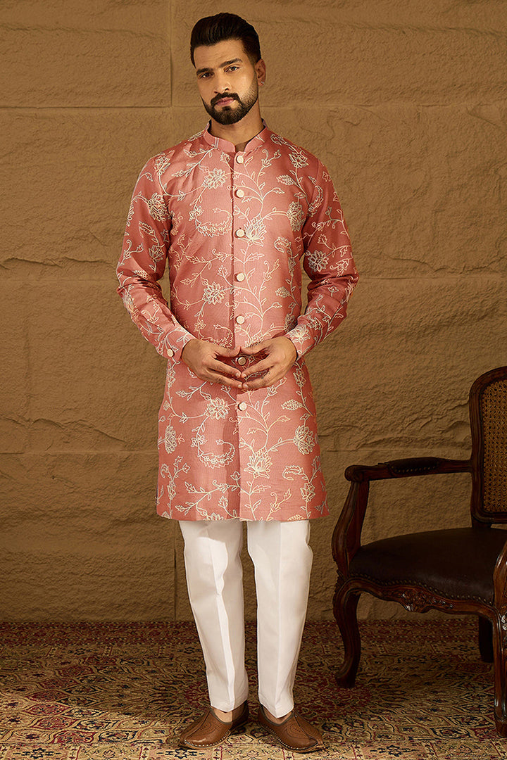 Peach Viscose Rayon Embroidered Mandarin Collar Straight Kurta With Trouser | SHOBITAM