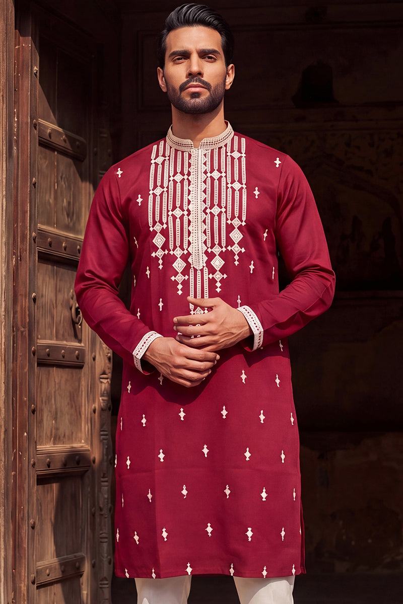 Maroon Silk Blend Embroidered Straight Kurta | SHOBITAM