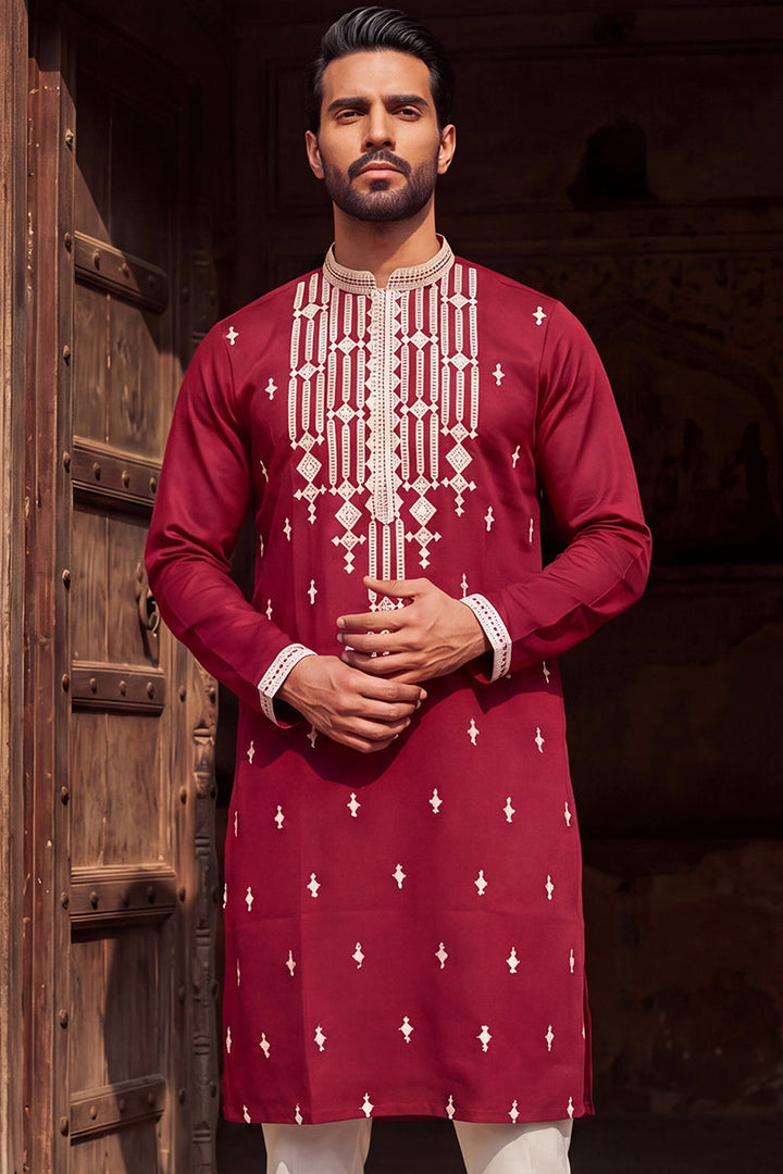 Maroon Silk Blend Embroidered Straight Kurta | SHOBITAM